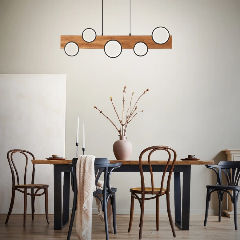 Pendelleuchte Elena, 100 x 6 cm, max. Höhe: 150 cm, Holz LED-Pendelleuchte, dimmbar, braun 