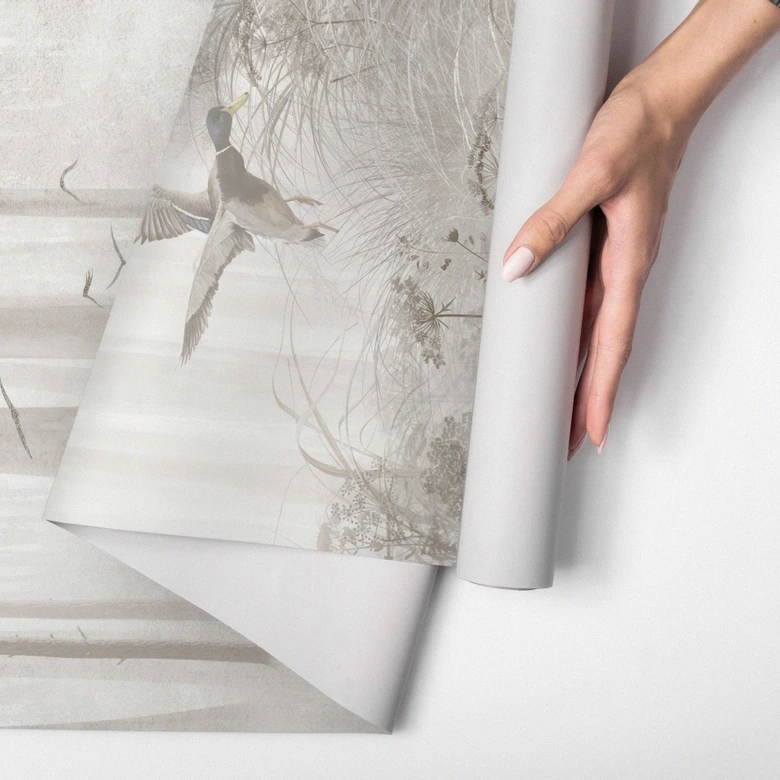 Bos Fotobehang - bos bij het meer in beige mist - Ms Tiff 