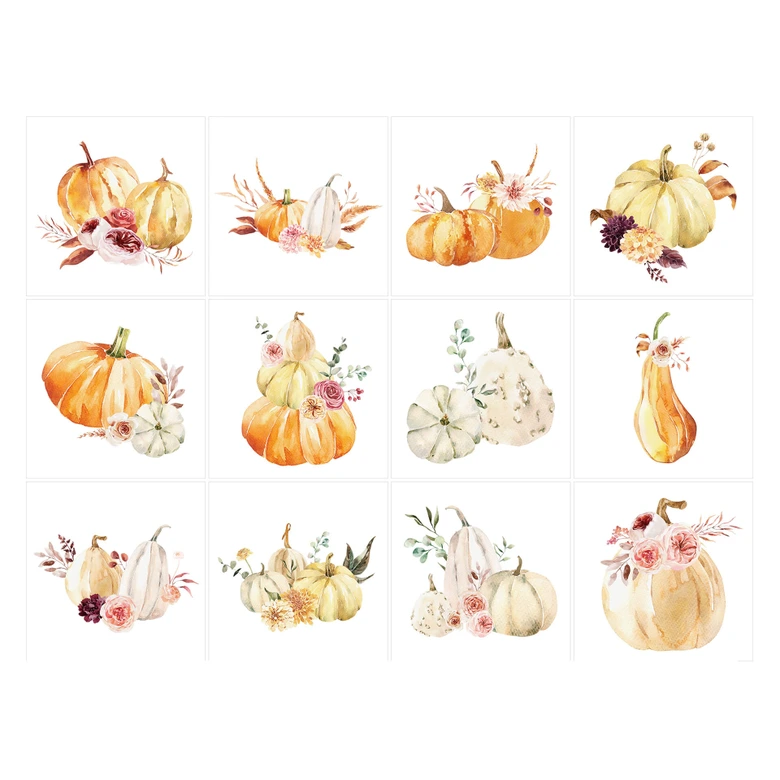 Fliesenaufkleber Watercolor - Kürbis mit Blumen - 12er Set 