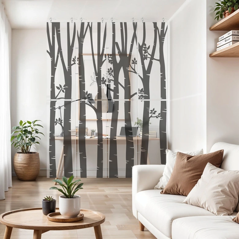 Rumsavdelare, skärm, insynsskydd hängande trädstammar i en vårliknande skog 