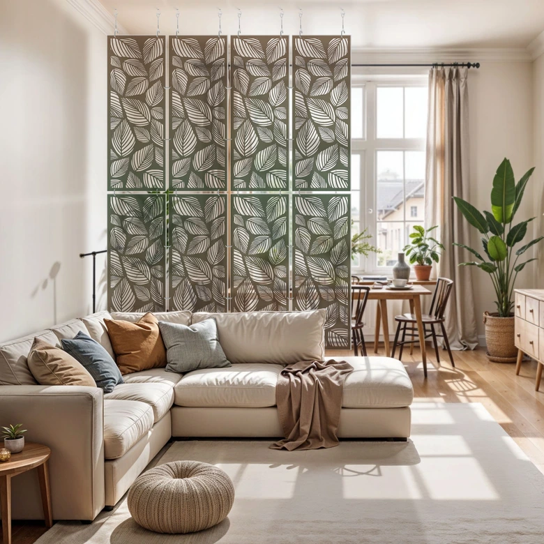 Séparation de pièce, paravent, paravent suspendu Feuilles d'automne - Ombre brun-vert 