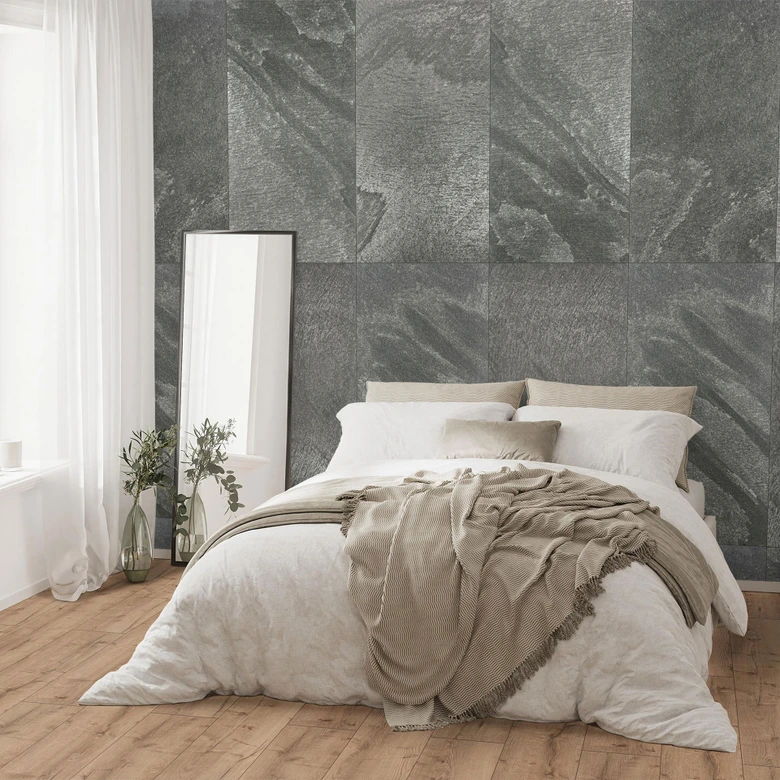 Echtstein - 3D Wandpaneel, Set aus 6 Natursteinplatten als luxuriöse Wandverkleidung - Schiefer Grau 