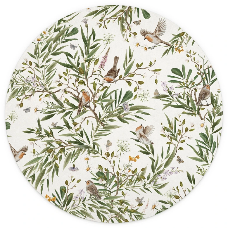 Fototapeta do pokoju dziecięcego ptaki i motyle na gałęziach - Kikki Belle - okrągła - samoprzylepna / nietkana 