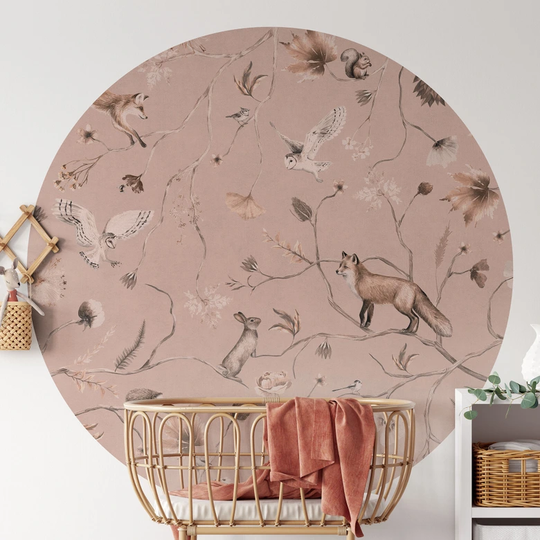 Children's room Wall Mural Playful forest animals on branches - Kikki Belle - Round - Self-adhesive/non-woven 