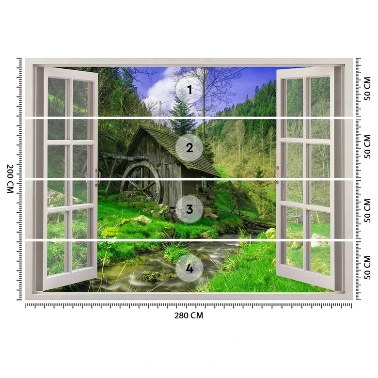 Fototapete Fenster - Blick auf eine Hütte im Wald 