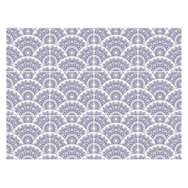 Fliesenaufkleber Geometrische Bögen mit floralem Muster in blau - 12er Set 