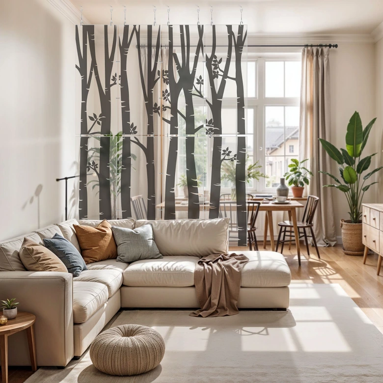 Rumsavdelare, skärm, insynsskydd hängande trädstammar i en vårliknande skog 