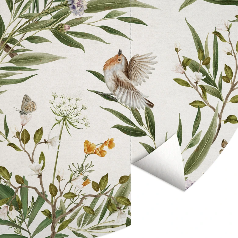 Fototapeta do pokoju dziecięcego ptaki i motyle na gałęziach - Kikki Belle - okrągła - samoprzylepna / nietkana 