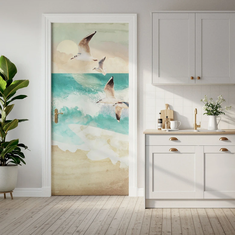 Türfolie Möwen am Strand - SpaceFrog Designs - Selbstklebende Türdeko 