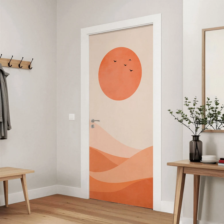 Dörrfilm Harmoniskt landskap orange - Kubistika - Självhäftande dörrdekoration 