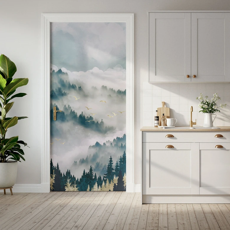 Türfolie Geheimnisvoller Nebel im Wald - SpaceFrog Designs - Selbstklebende Türdeko 