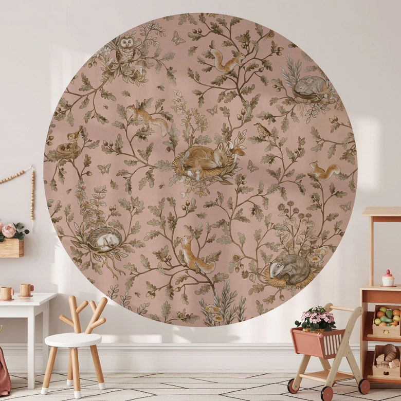 Kinderzimmer Fototapete Schlafende Waldtiere auf Zweigen - Kikki Belle - Rund - Selbstklebend/Vlies 