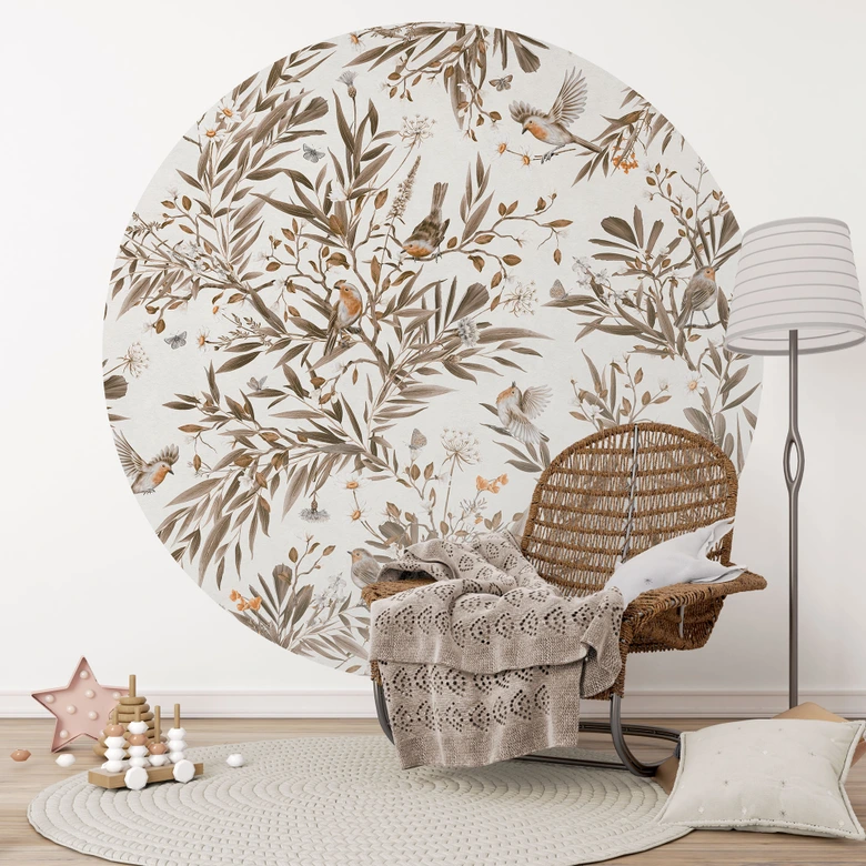 Fototapeta do pokoju dziecięcego ptaki i motyle na gałęziach - Kikki Belle - okrągła - samoprzylepna / nietkana 