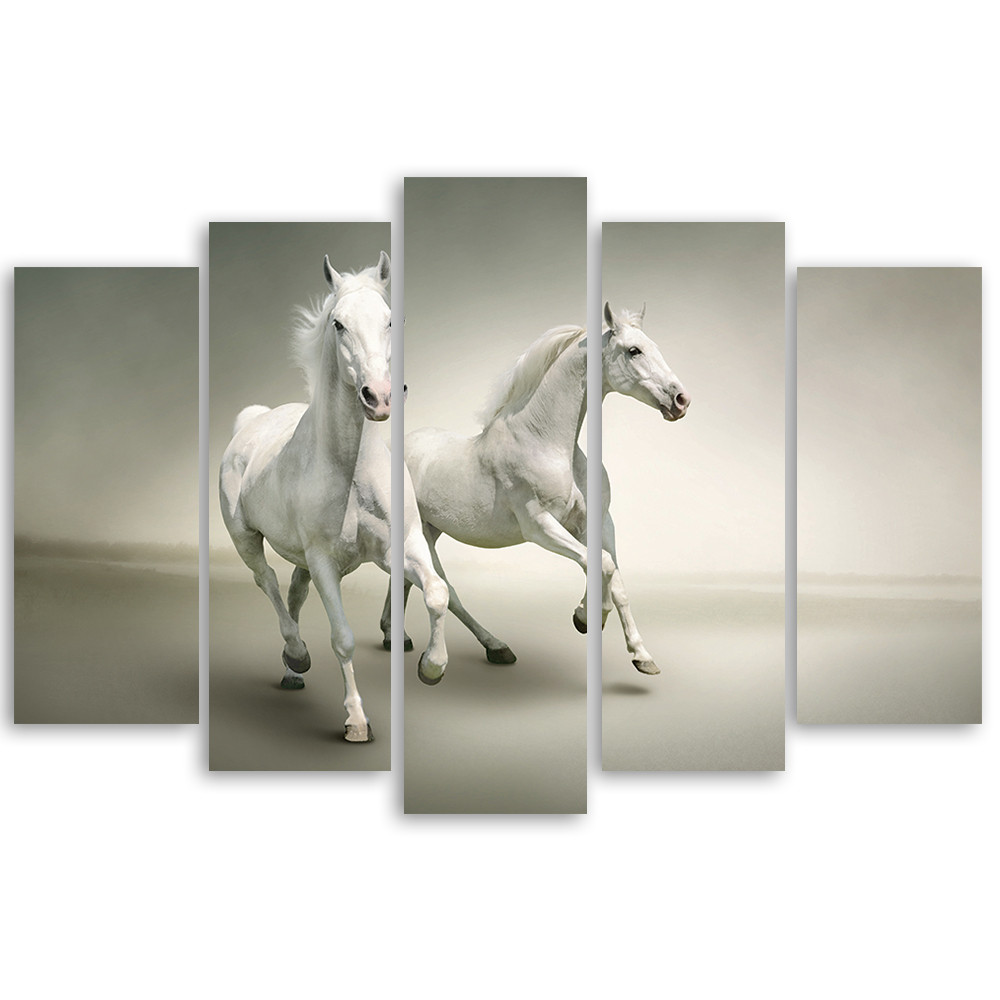5 Piece Canvas Print, Galloping White Horses
