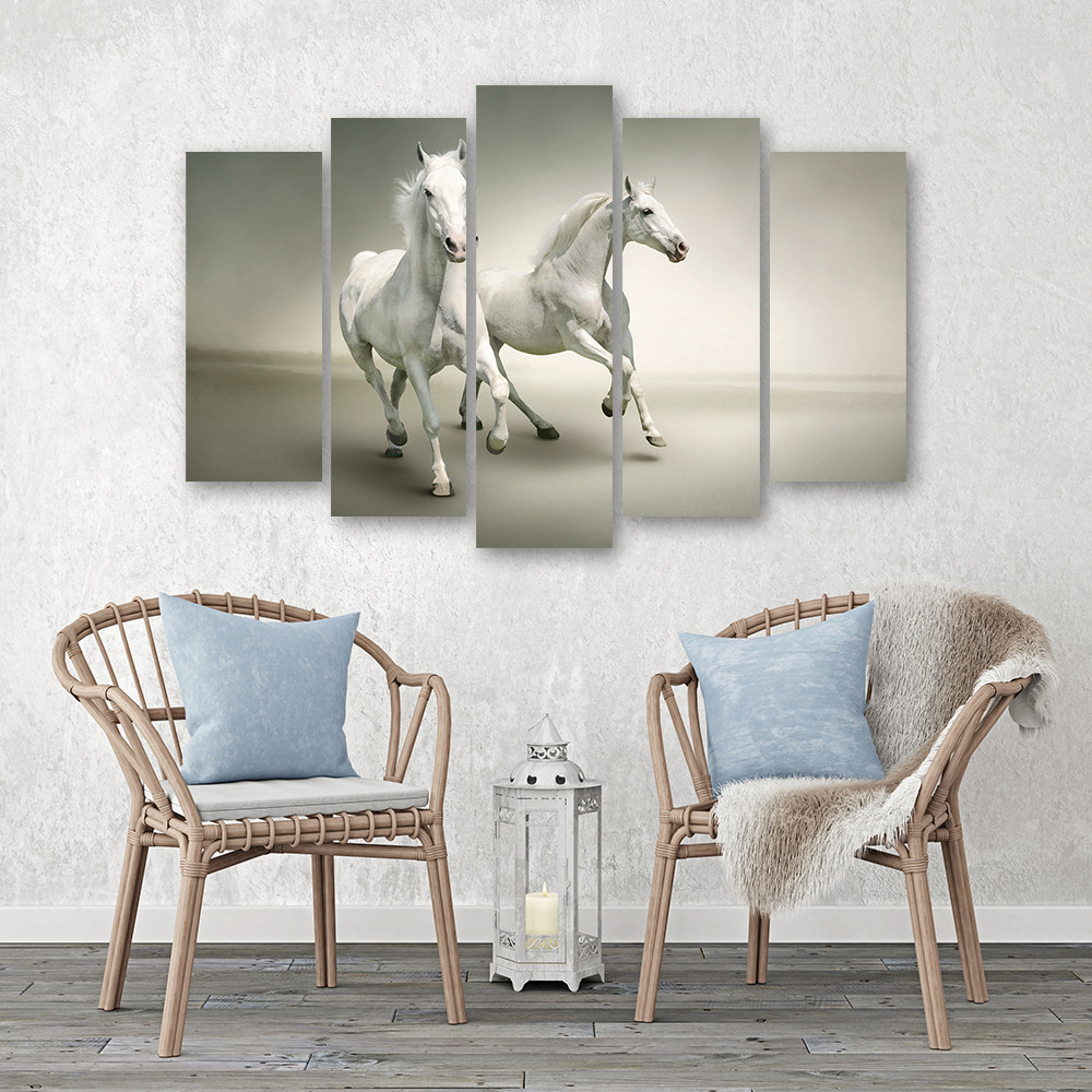 5 Piece Canvas Print, Galloping White Horses