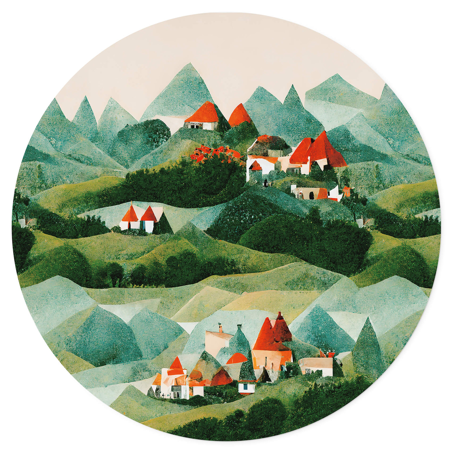 Mural Milieu Sticker Mural Treechild - Petit village au milieu de collines ...