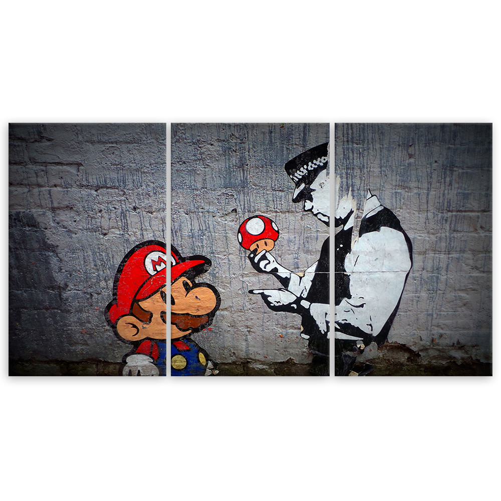 Leinwandbild 3teilig, Banksy Mario Graffiti wallart.de