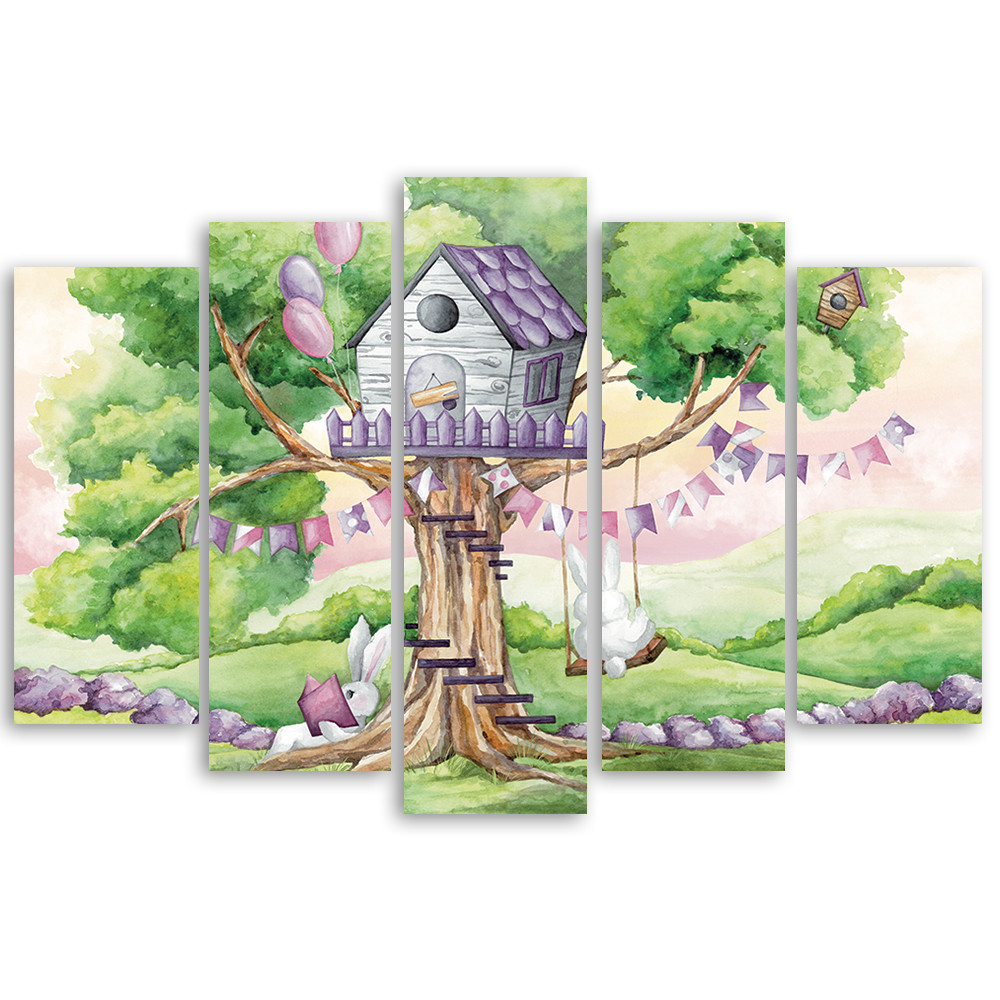 Cabane Lapin Dans l'arbre Toile de Fond de Pâques D1077