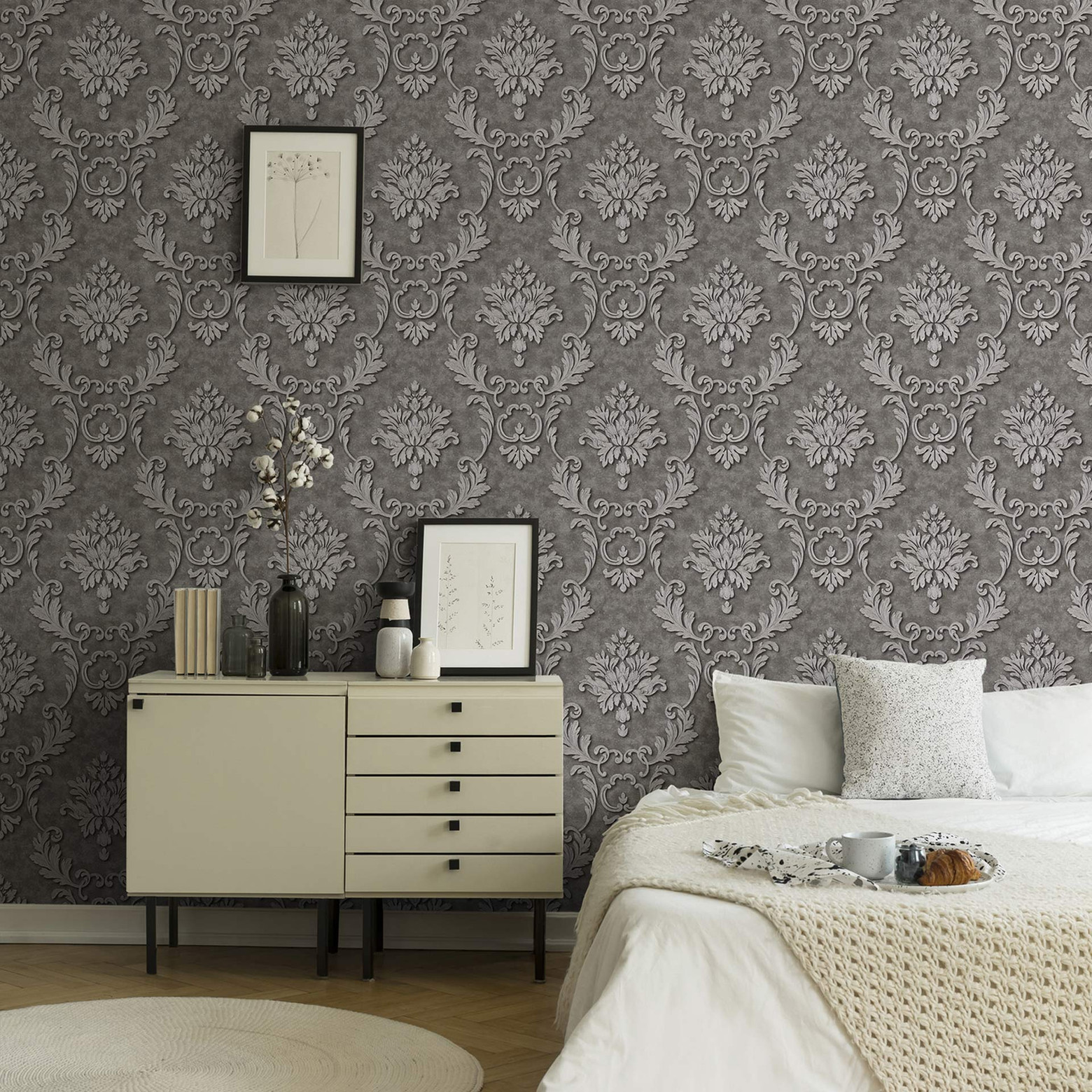 wallpaper baroque look in silver and grey A.S. Creation nonwoven wallpaper lightly textured