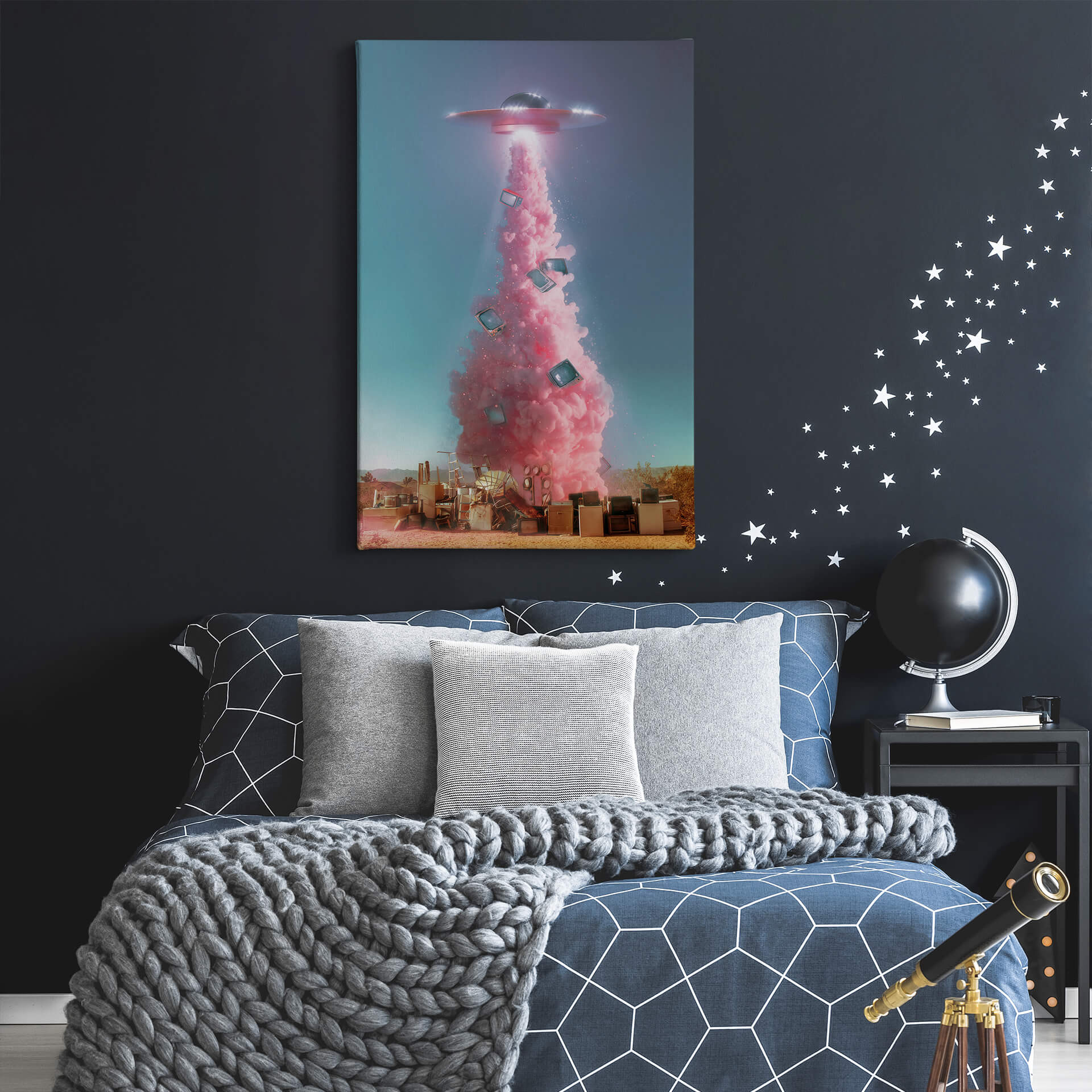 Poster fantaisie OVNI de vaisseau spatial extraterrestre, peinture sur toile, décoration murale pour salon, chambre à coucher (60 x 90 cm
