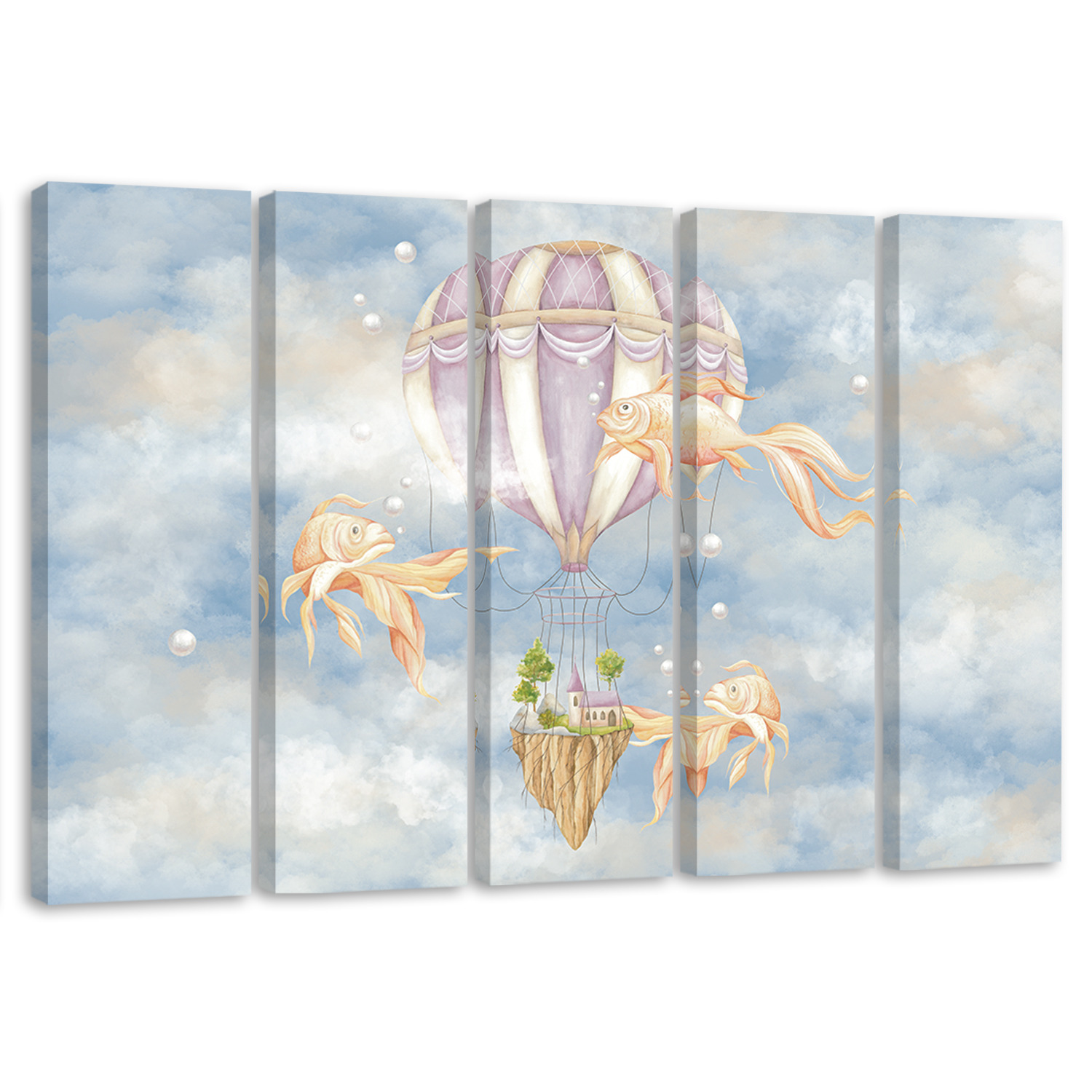 Leinwandbild 5 teilig, Heiluftballon fliegendes Haus und Fisch | wall ...