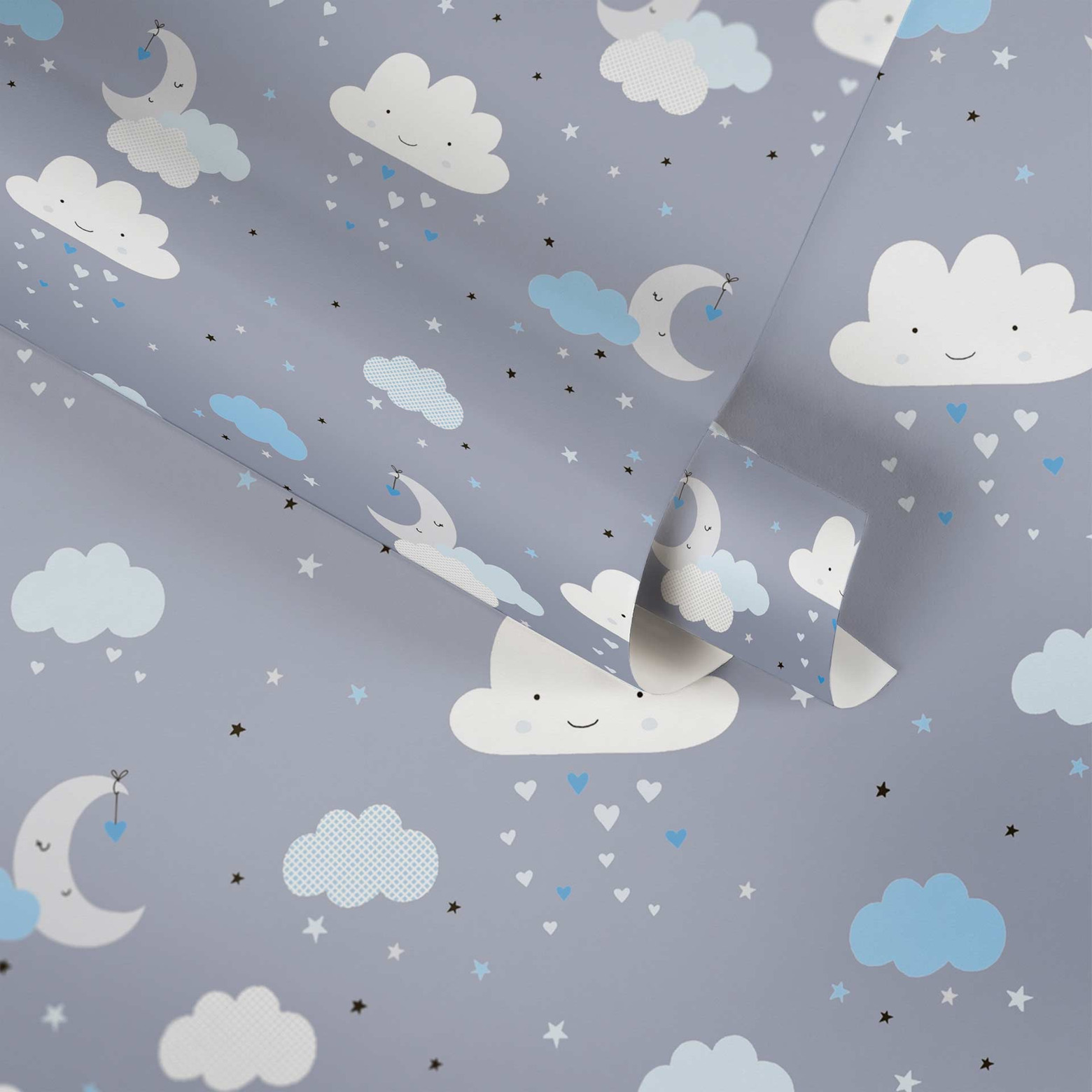 Magical night sky nursery wallpaper with clouds and stars in blue and