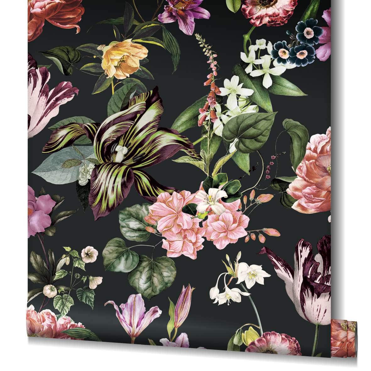 Behang, vlies bloemen behang Flora zwart, roze | wall-art.nl