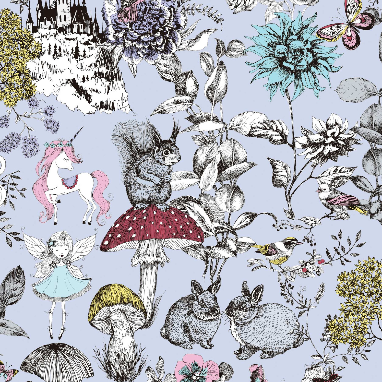 Children's wallpaper with floral pattern and animals in grey and