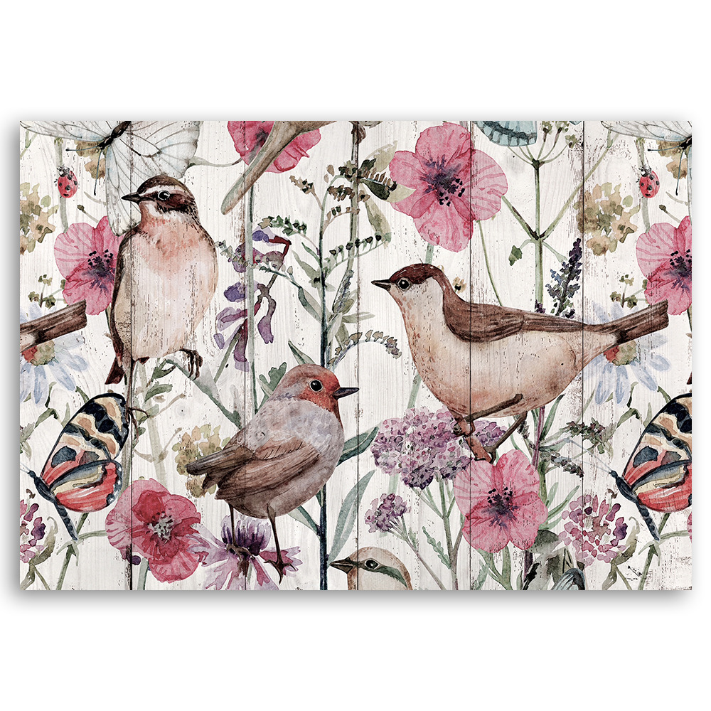 Poster Déco Murale 40x30 Cm ARTTOR - Motif Oiseau, Papillon Et Fleurs, Thème Nature Pastel