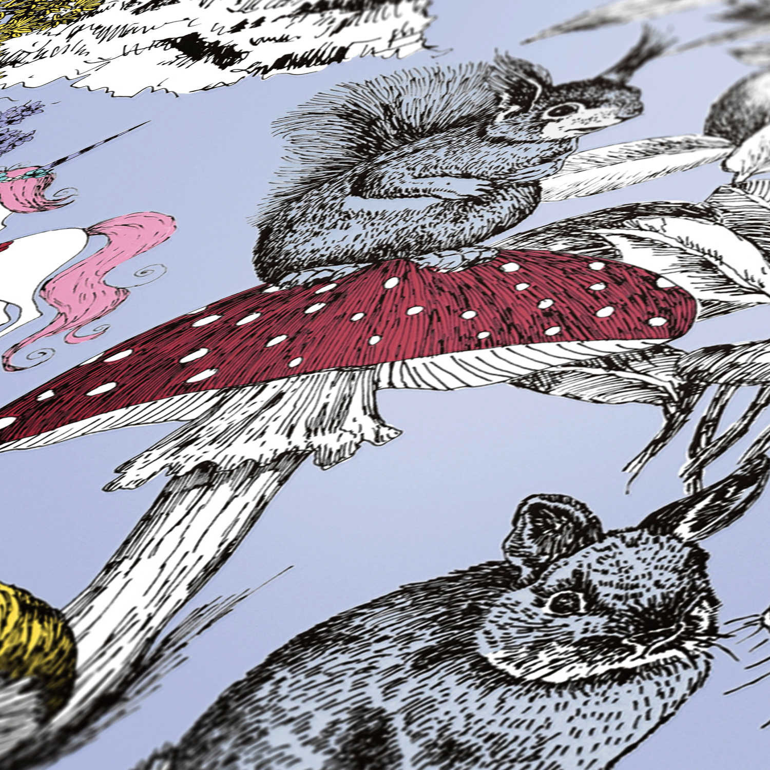 Children's wallpaper with floral pattern and animals in grey and