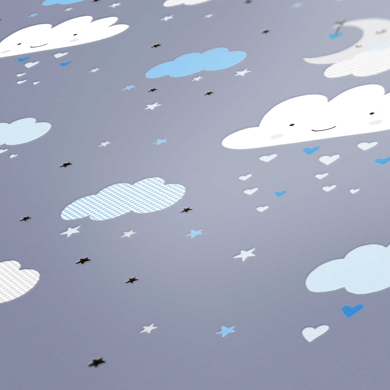Magical night sky nursery wallpaper with clouds and stars in blue and