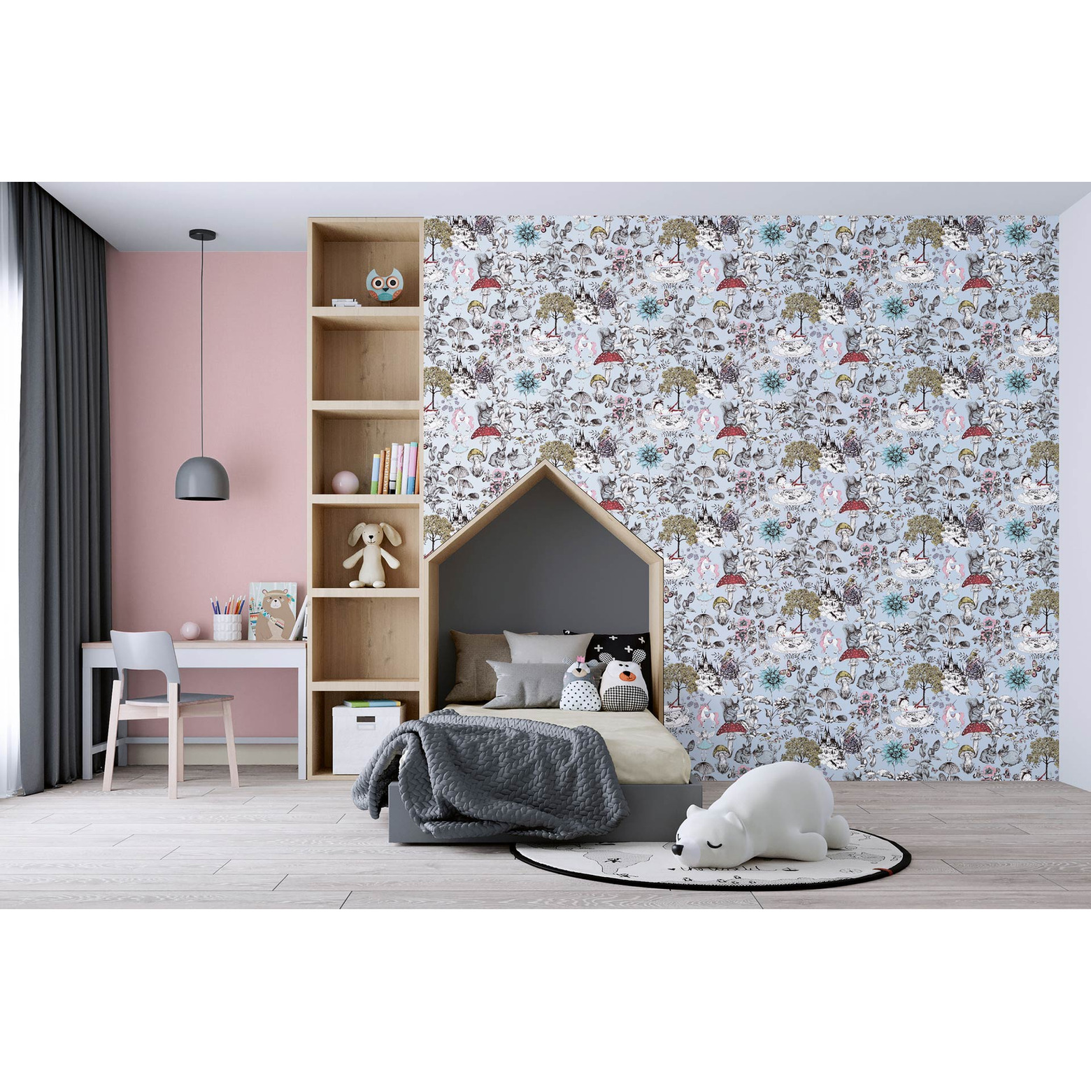 Children's wallpaper with floral pattern and animals in grey and