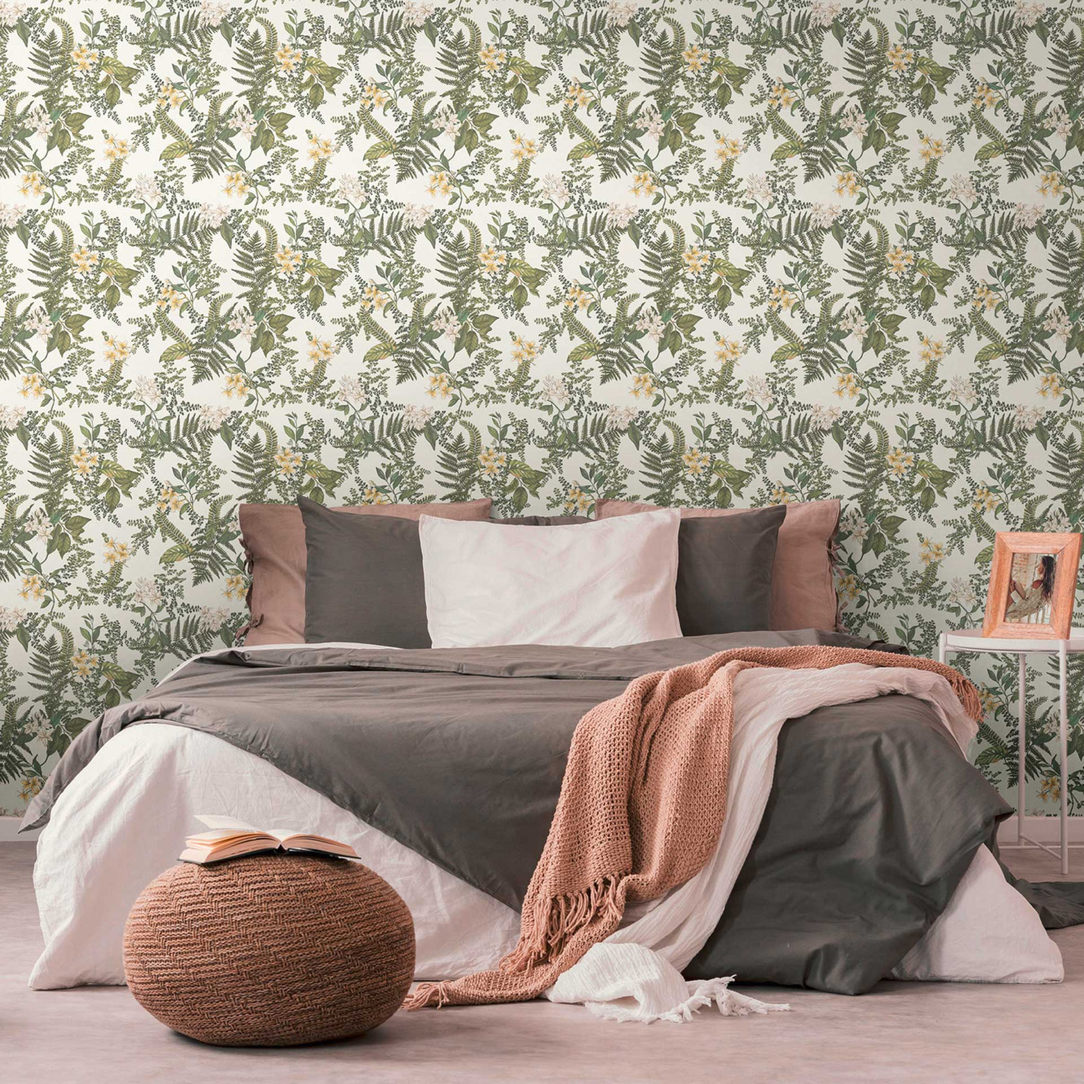 PflanzenTapete mit Blüten Weiß Grün Vliestapete mit Blumen floral